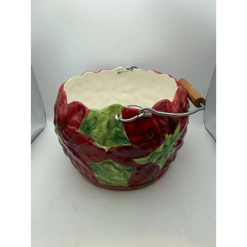 Maxcera Poinsettia Ceramic Basket Bowl Metal Wood Handle Christmas 8.5